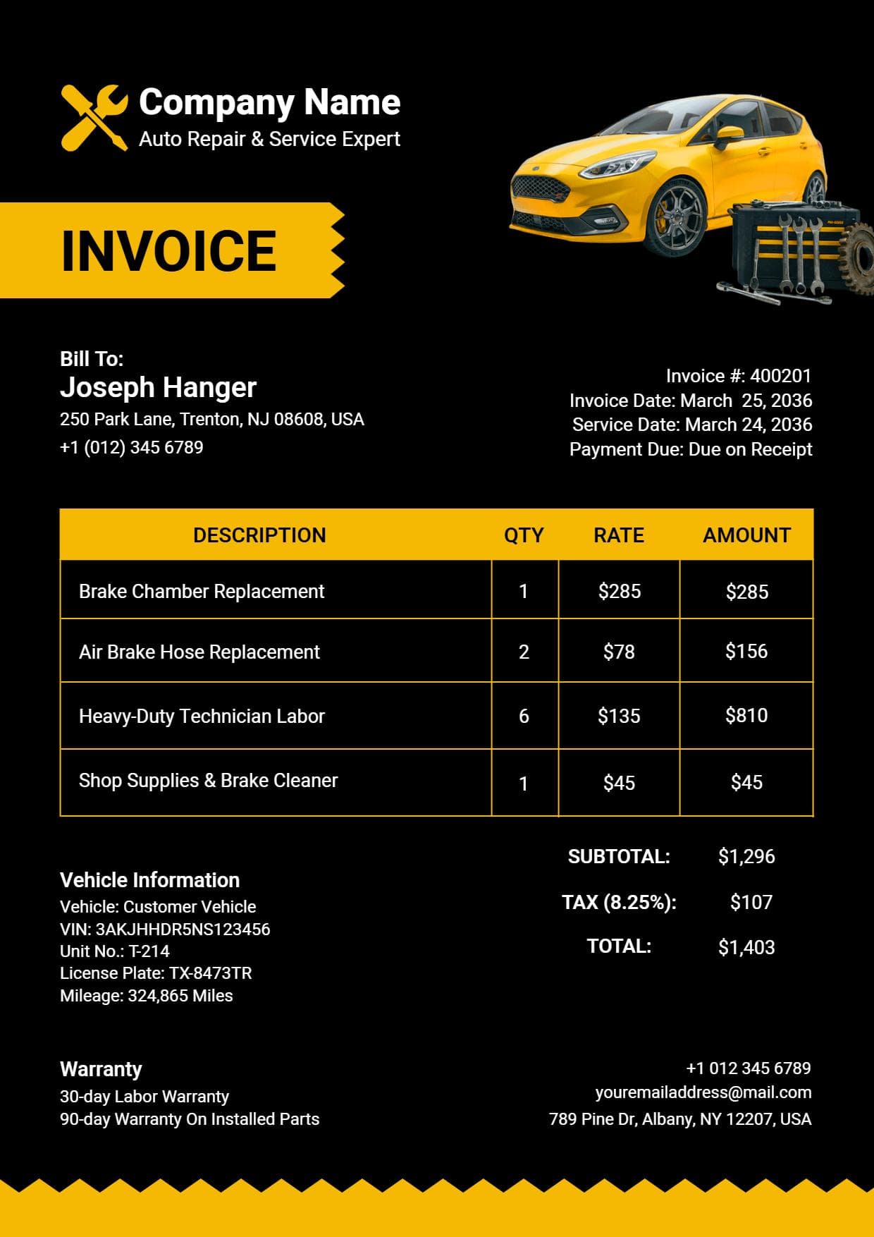 Auto Repair Service Billing Invoice Template
