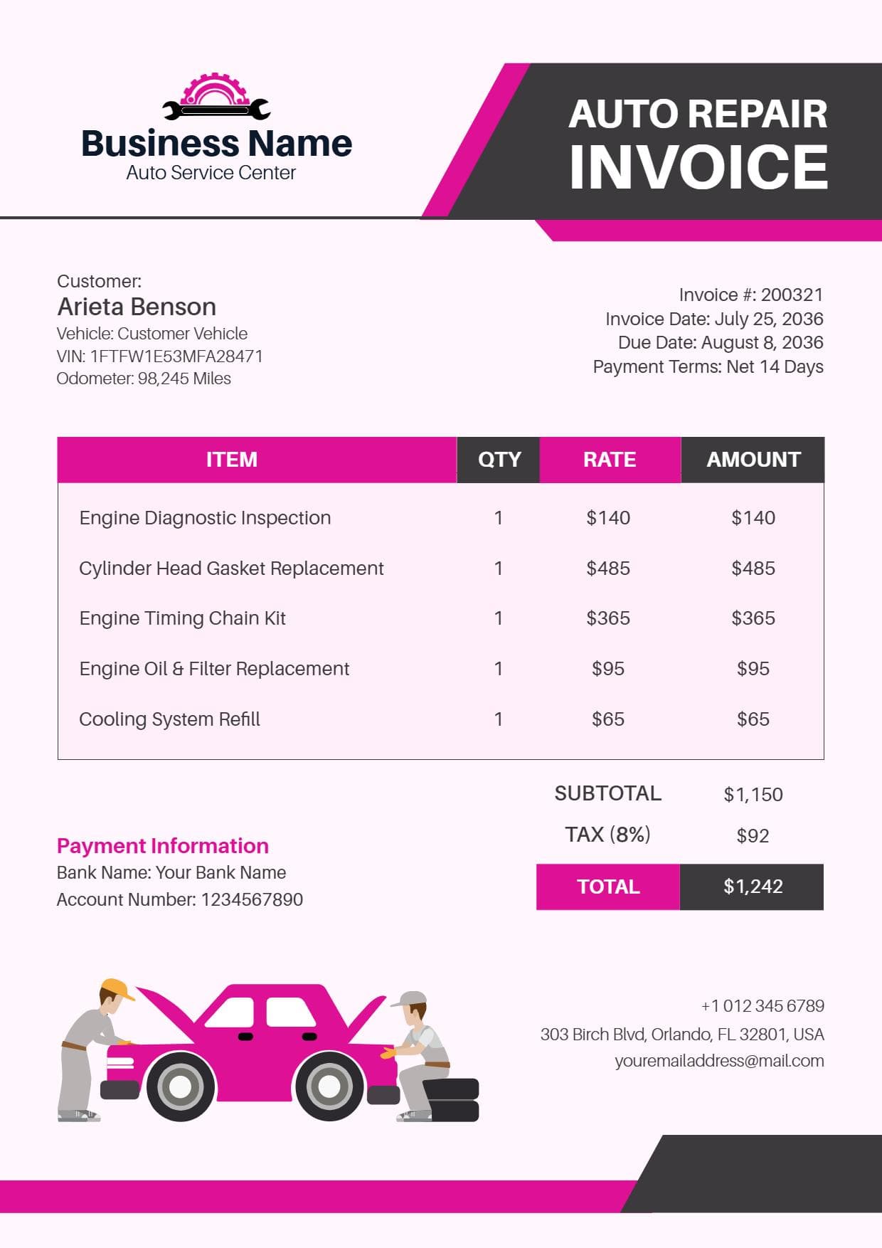 Auto Repair Service Cost Invoice Template