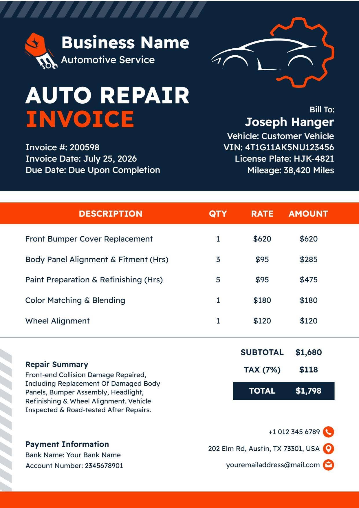 Auto Repair Services with Charges Invoice Template