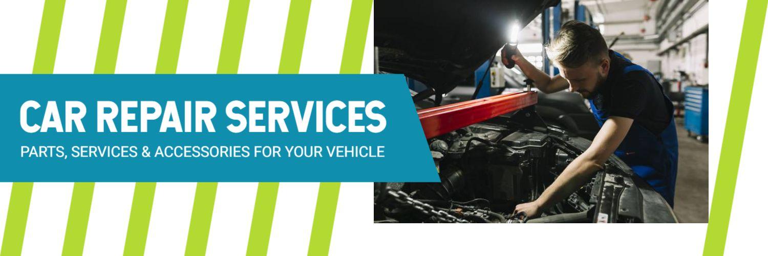 Automotive Mechanic Working on Engine with Green Accents Banner Template