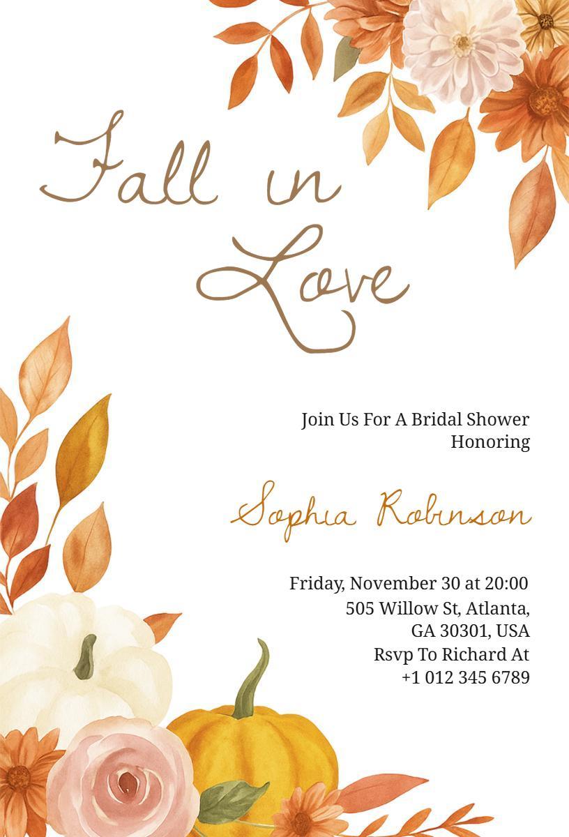 Autumn Floral Fall in Love Bridal Shower Invitation Template