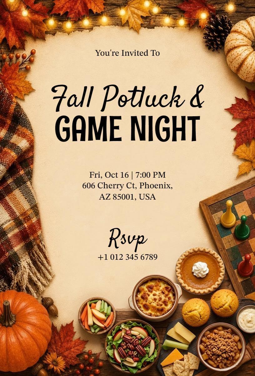Autumn Harvest Potluck Cozy Game Night Invitation Template