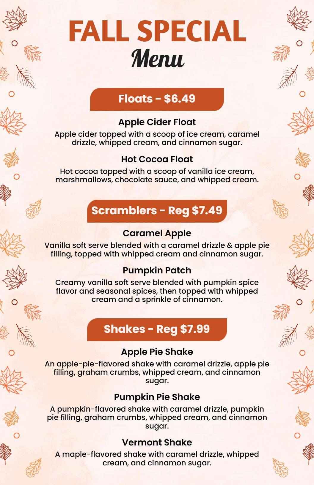 Autumn Leaf-Themed Fall Special Menu Template