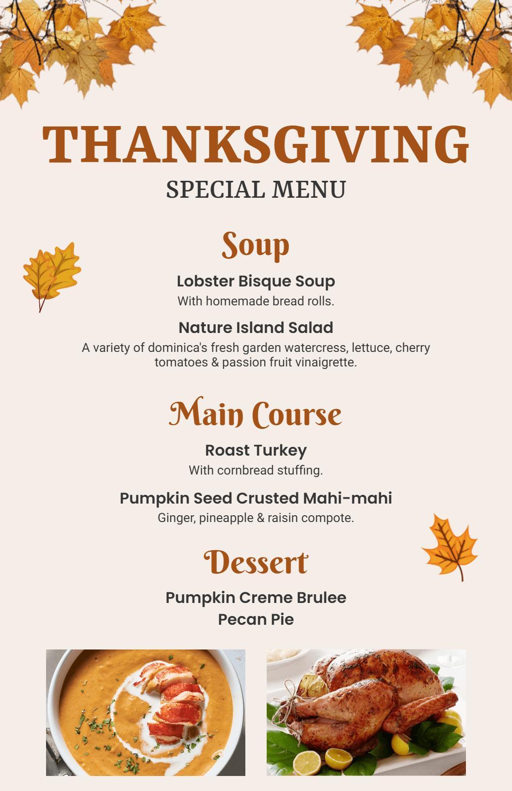 Autumn Leaves Thanksgiving Special Menu Template