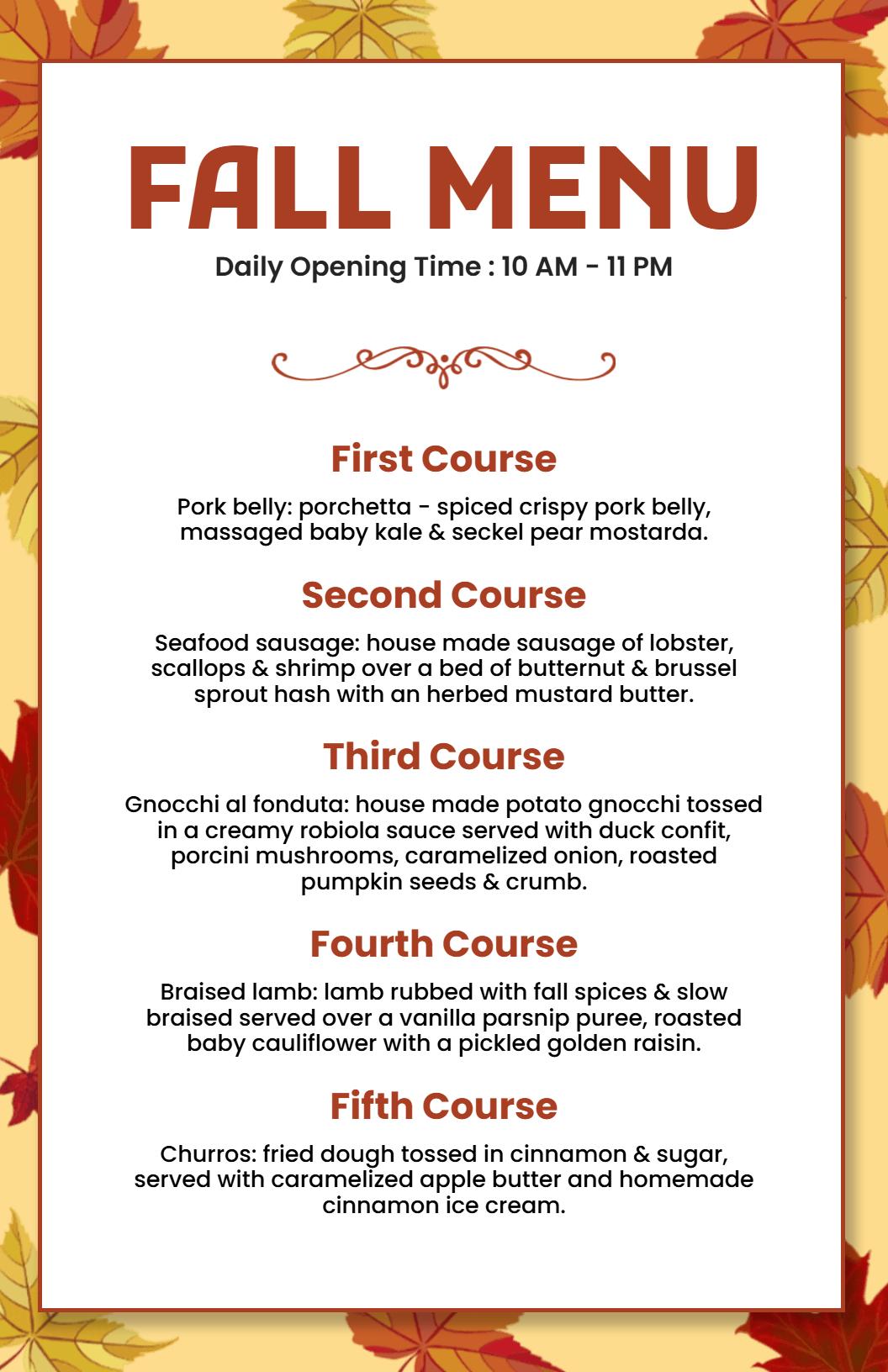Autumn Leaves Themed Fall Menu Template
