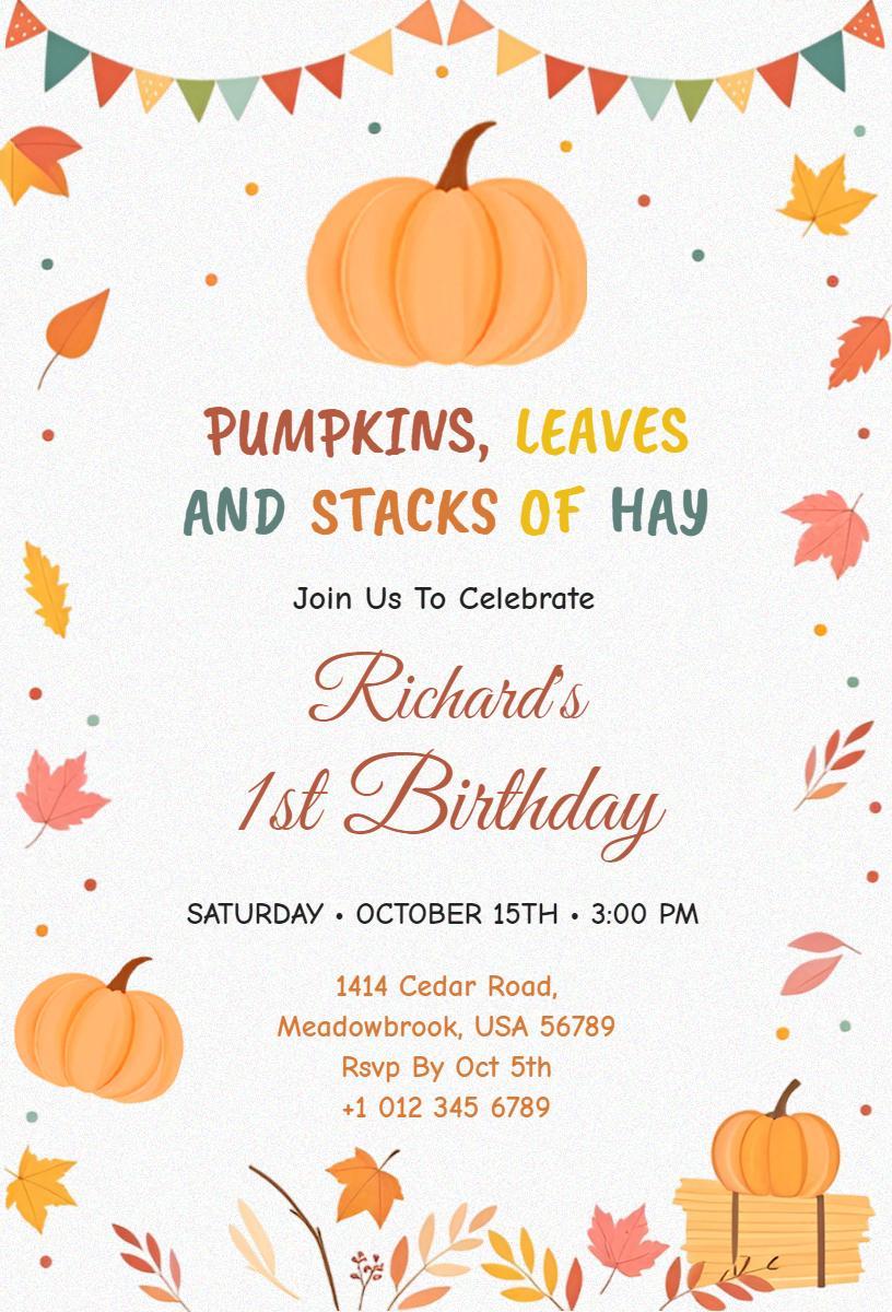 Autumn Pumpkin Leaves 1st Birthday Celebration Invitation Template