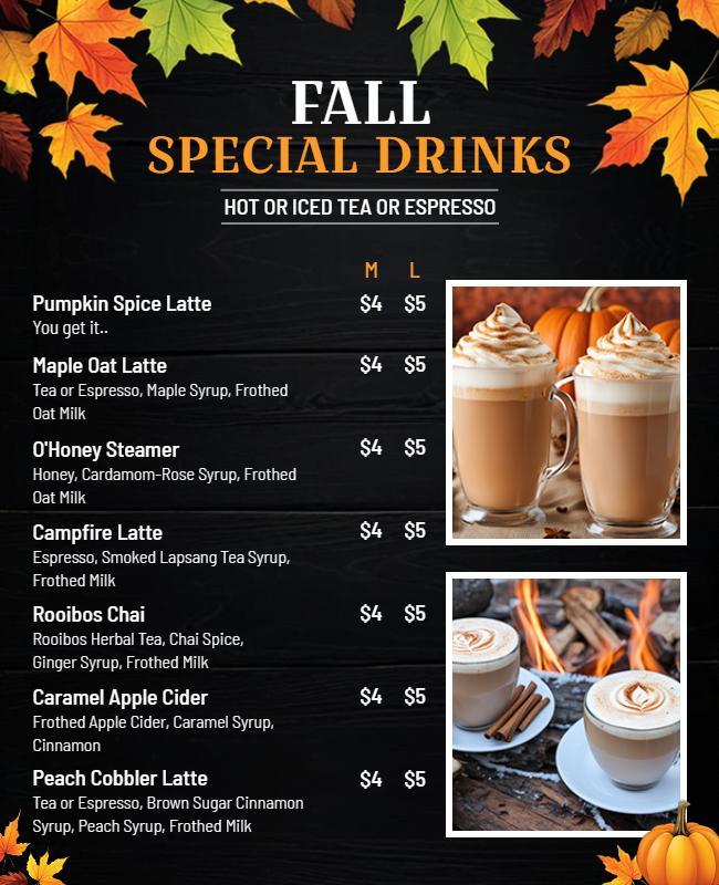 Autumn-Themed Fall Special Drinks Menu Poster Template