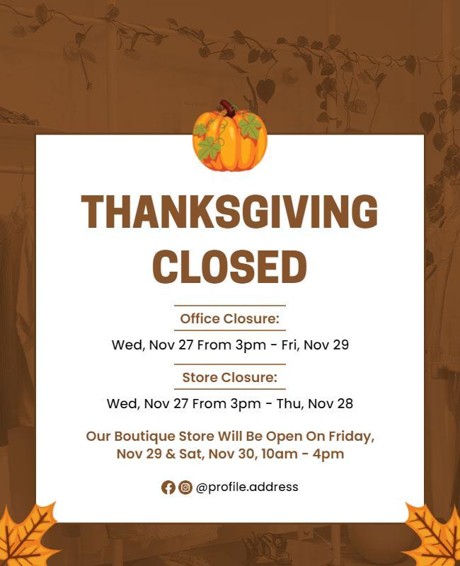 Autumn Themed Thanksgiving Closure Announcement Poster Template