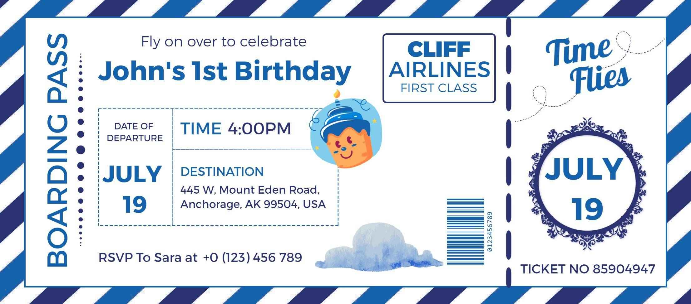 Aviation Themed First Birthday Celebration Boarding Pass Invitation Template