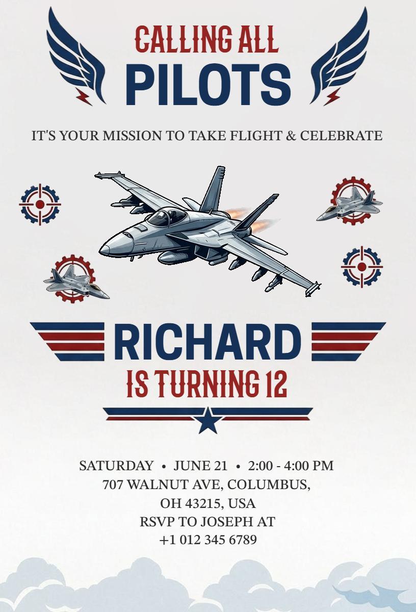 Aviator Pilot Themed Birthday Celebration Invitation Template