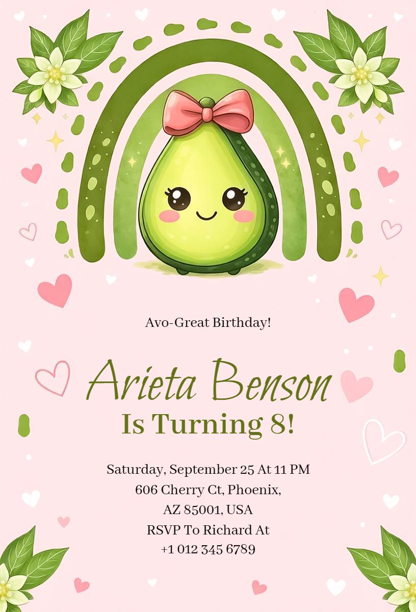 Avo-Great Birthday Cute Avocado Theme Celebration Invitation Template