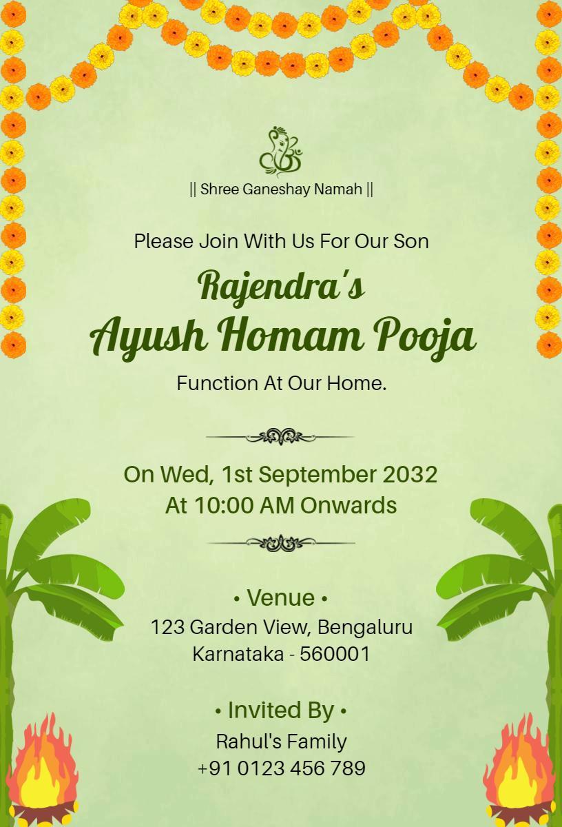 Ayush Homam Pooja Celebration Family Gathering Invitation Template