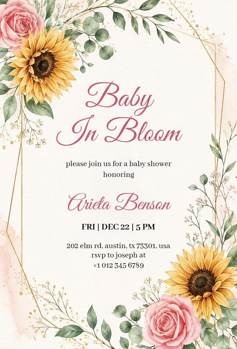 Baby in Bloom Floral Baby Shower Celebration Invitation Template