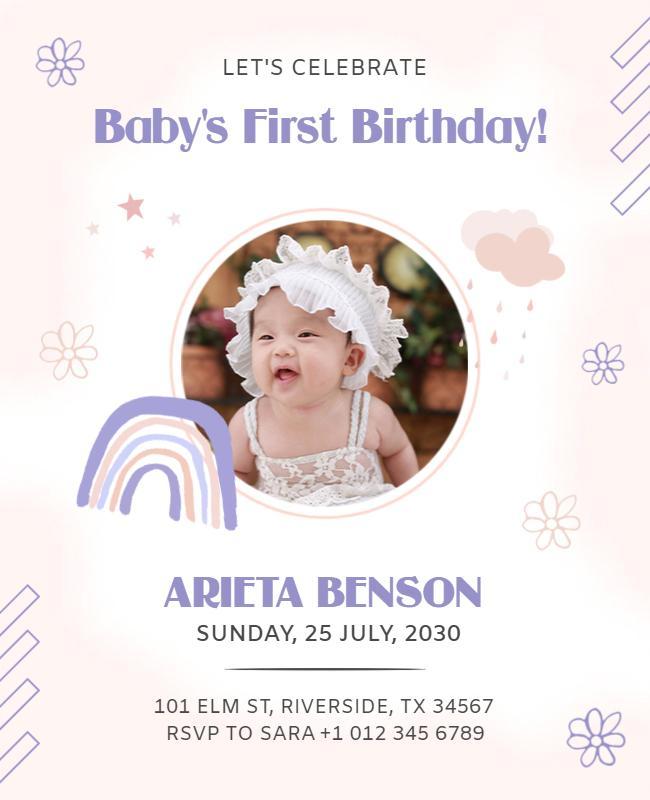 Whimsical Pastel Rainbow Baby's First Birthday Flyer Template