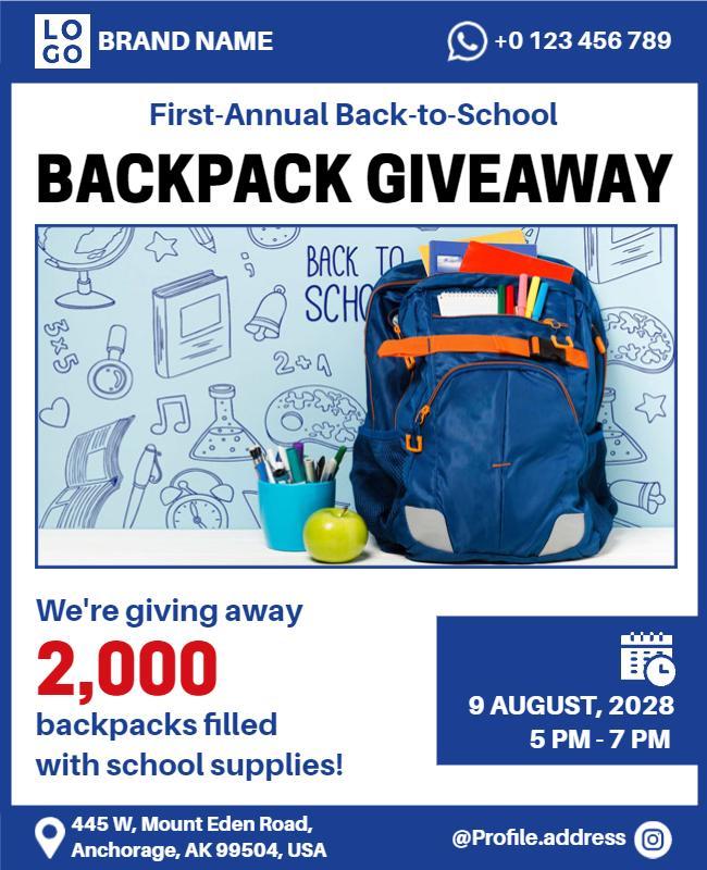 Vibrant Blue Backpack Giveaway for Back-to-School Event Flyer Template