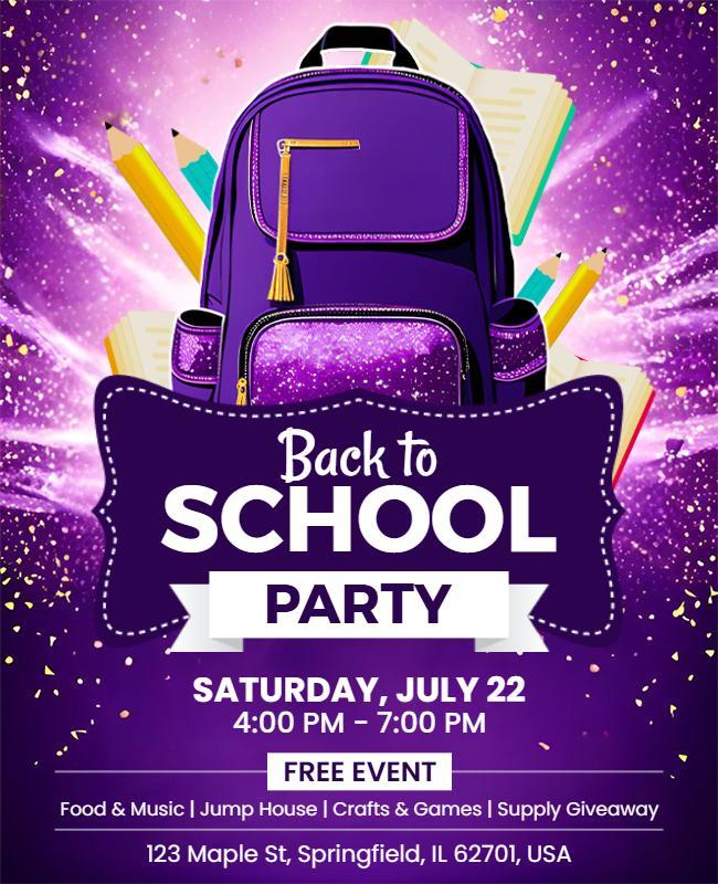 Colorful Purple Back to School Party Celebration Flyer Template