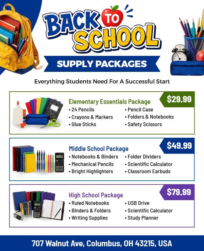 Back to School Supply Packages Flyer Template