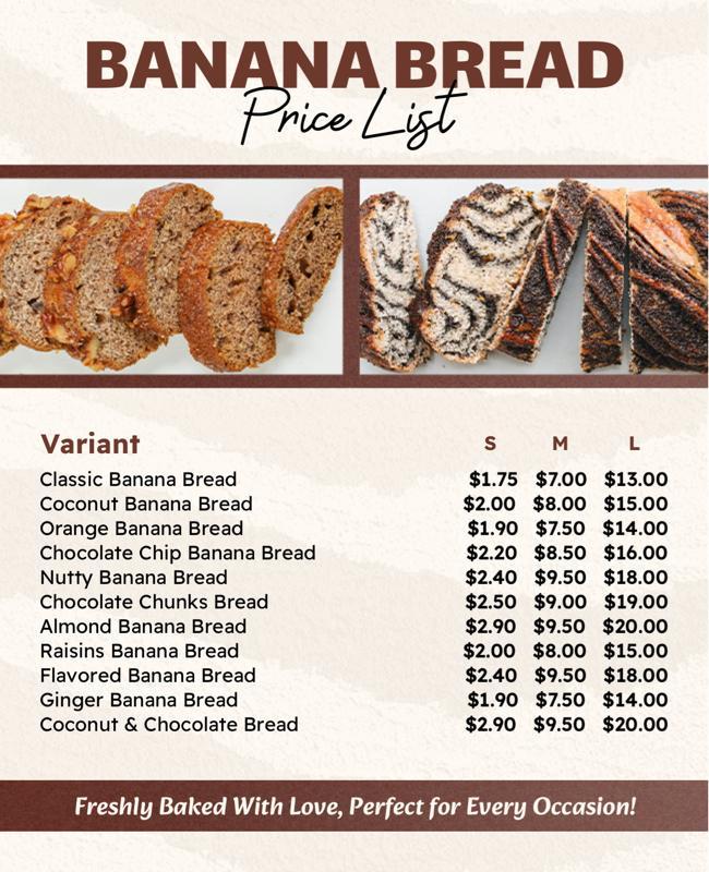 Bakery Banana Bread Price List Flyer Template