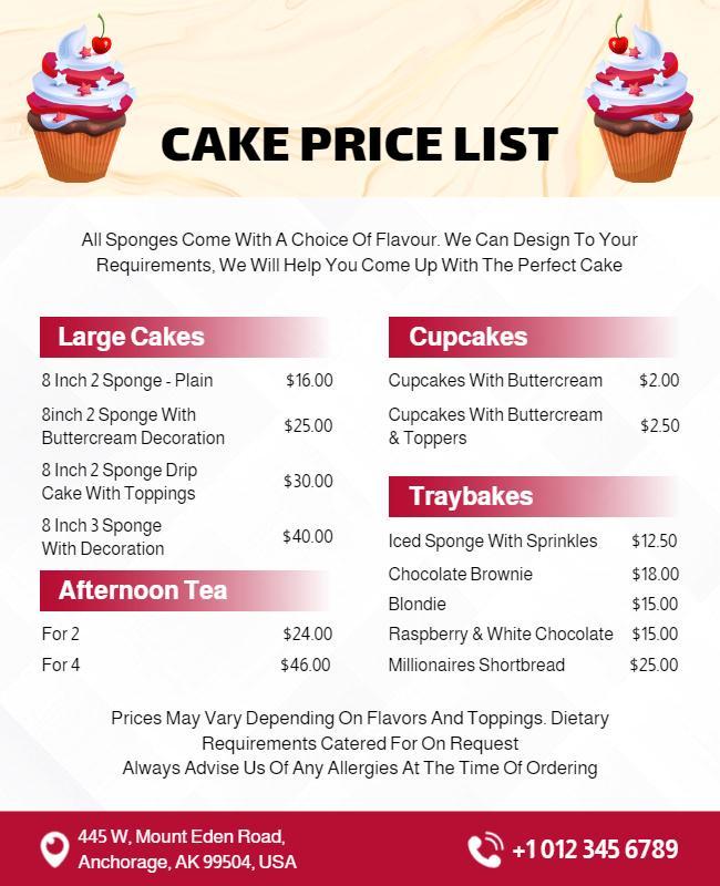 Bakery Cake Price List Flyer Template