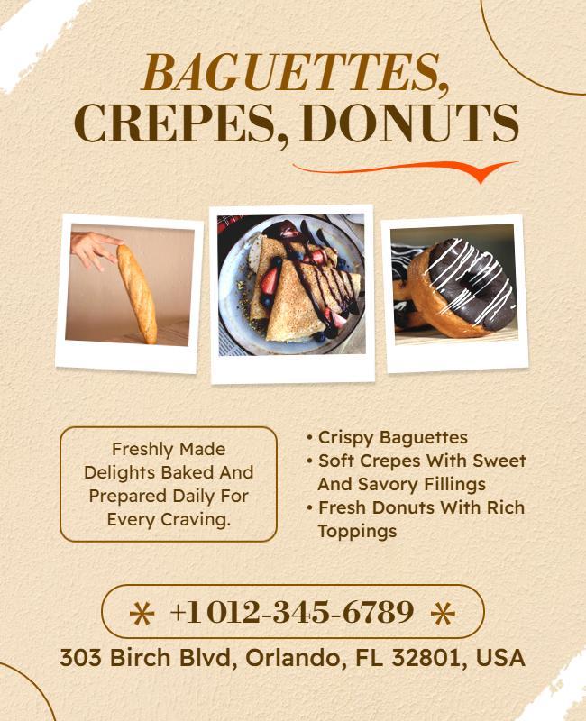 Bakery Delights Baguettes Crepes Donuts Poster Template
