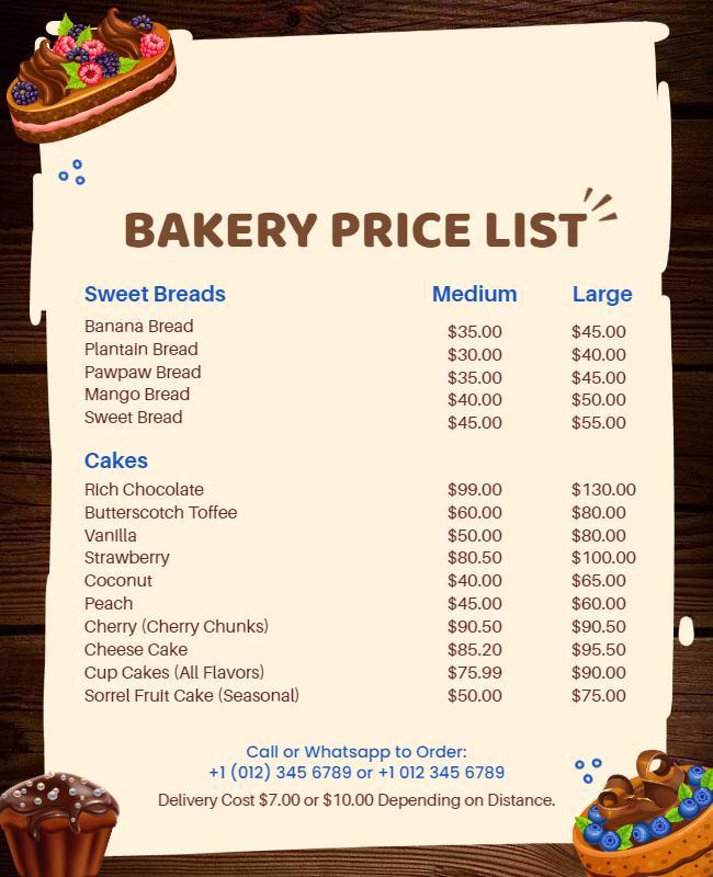 Bakery Price List with Cake and Bread Options Flyer Template