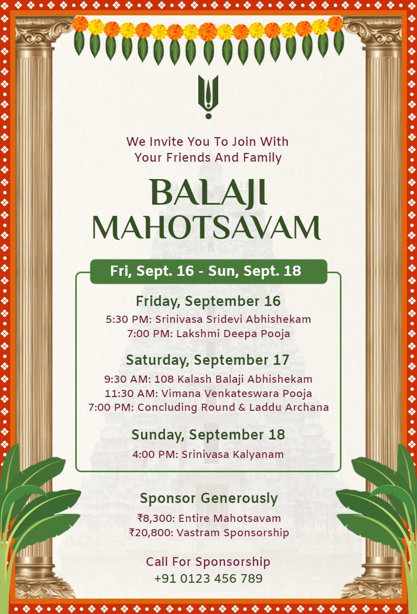 Balaji Mahotsavam Cultural Temple Celebration Invitation Template