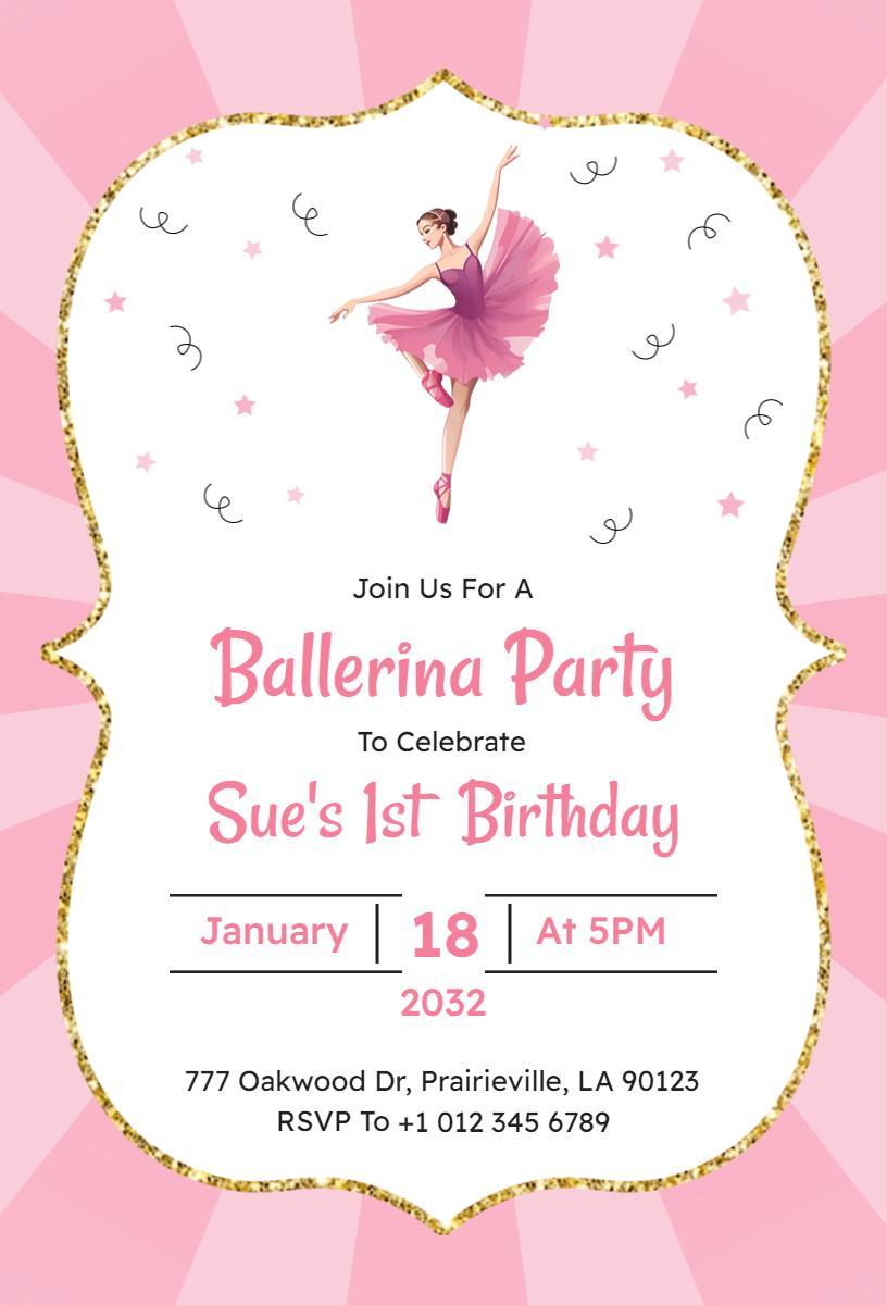 Ballerina Theme Pink 1st Birthday Celebration Invitation Template