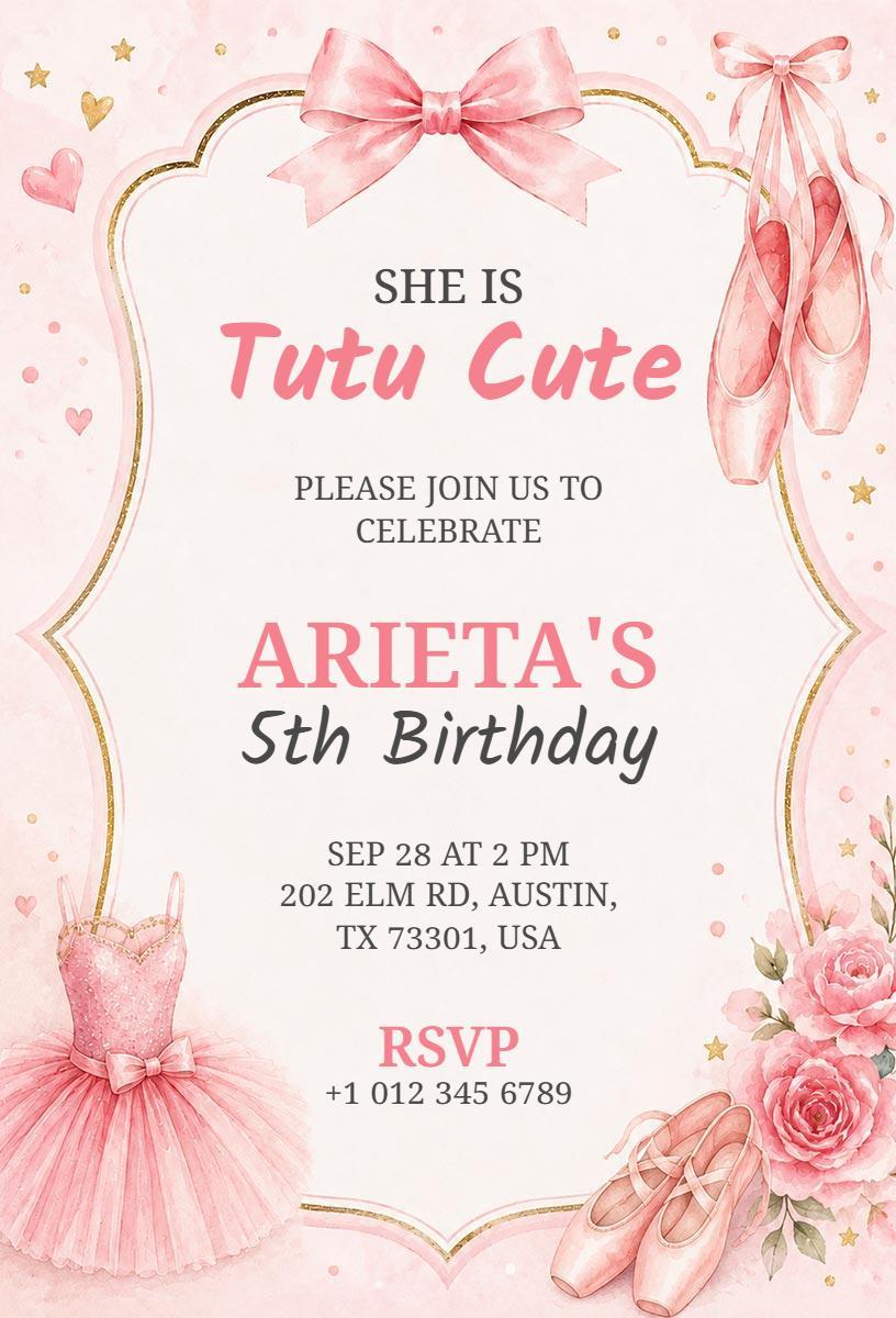 Ballet Tutu Cute Pink Bow Birthday Invitation Template