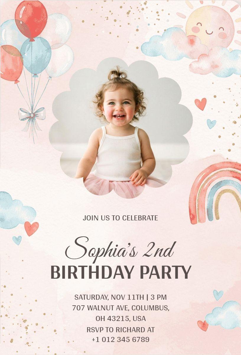 Balloon and Rainbow Themed 2nd Birthday Party Invitation Template
