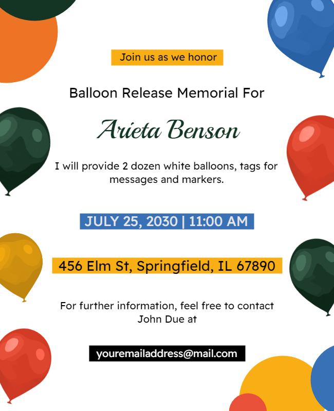 Colorful Balloon Release Memorial Celebration Flyer Template