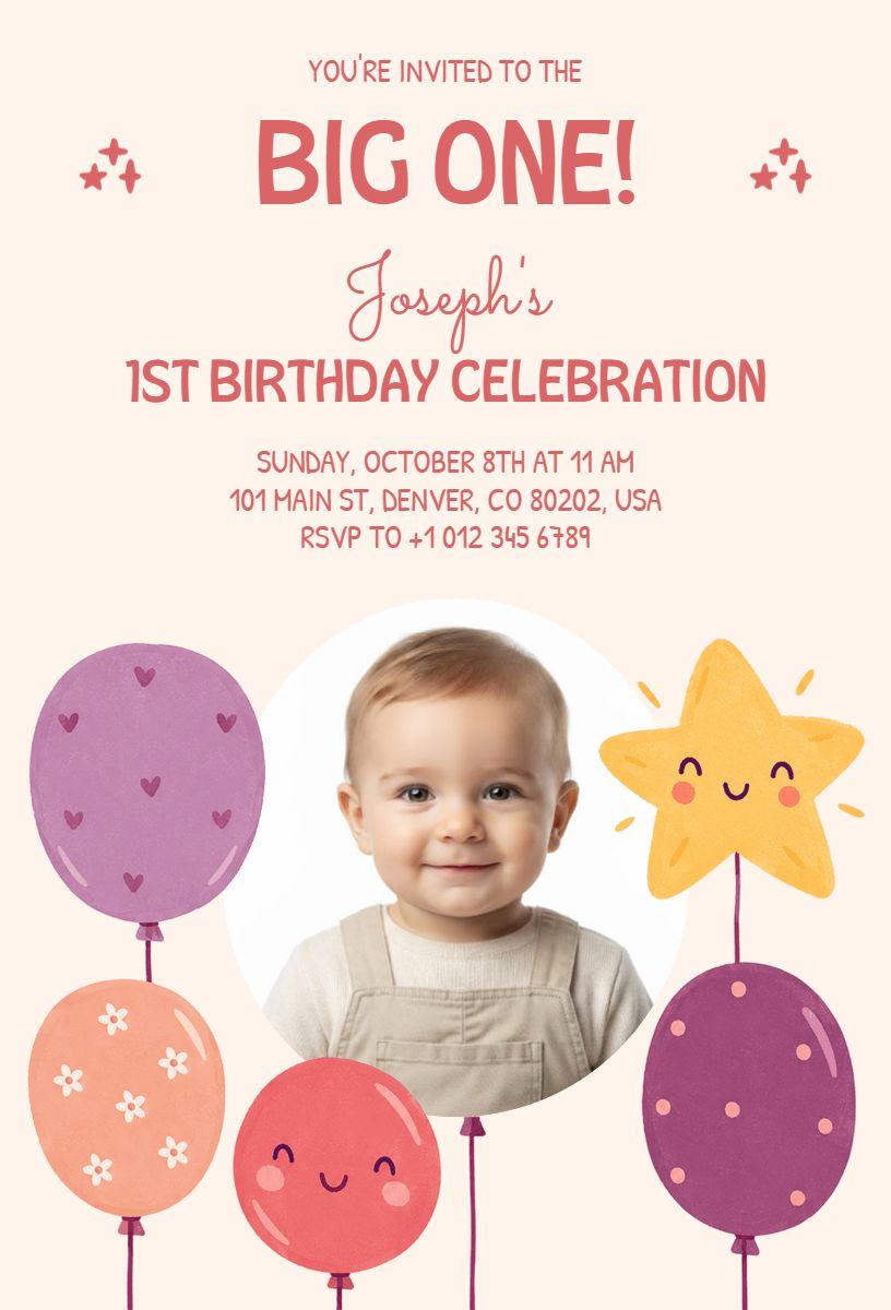 Balloons and Stars First Birthday Invitation Template