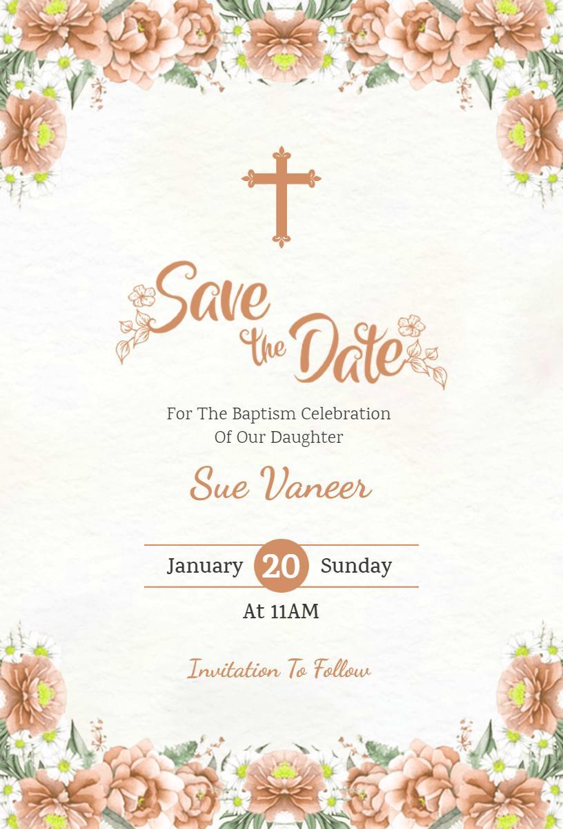 Baptism Celebration Save The Date Floral Invitation Template