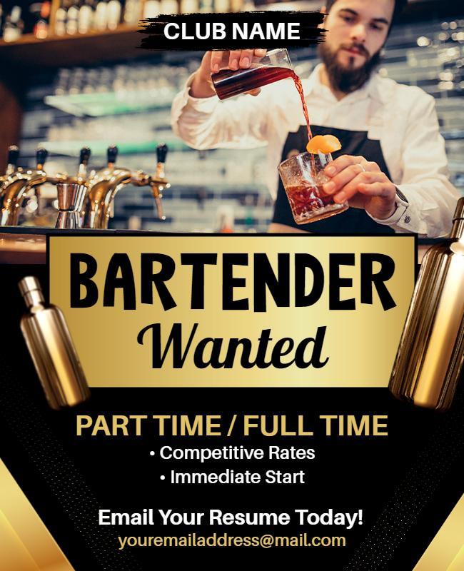 Stylish Black and Gold Bartender Employment Opportunity Flyer Template