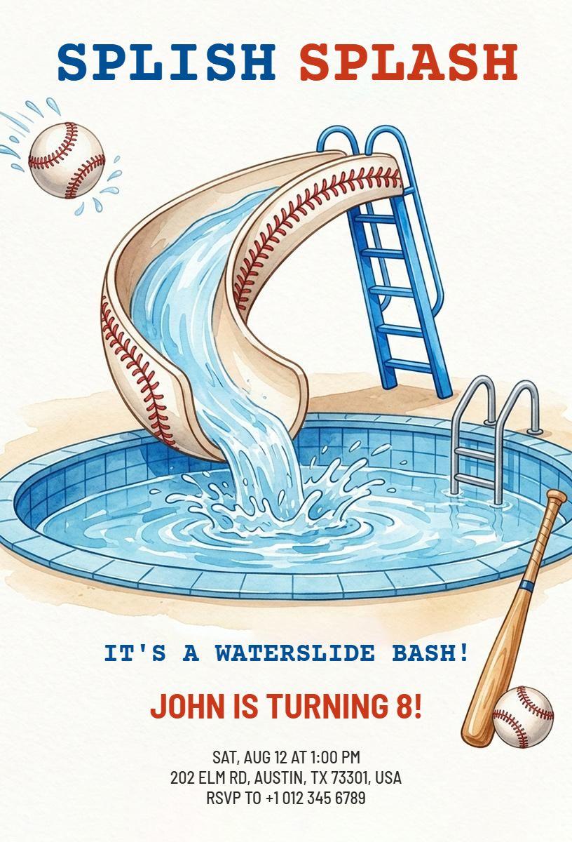 Baseball Inspired Waterslide Birthday Bash Invitation Template