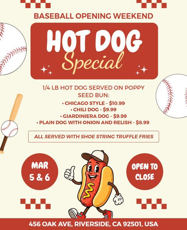 Baseball Opening Weekend Hot Dog Special Flyer Template
