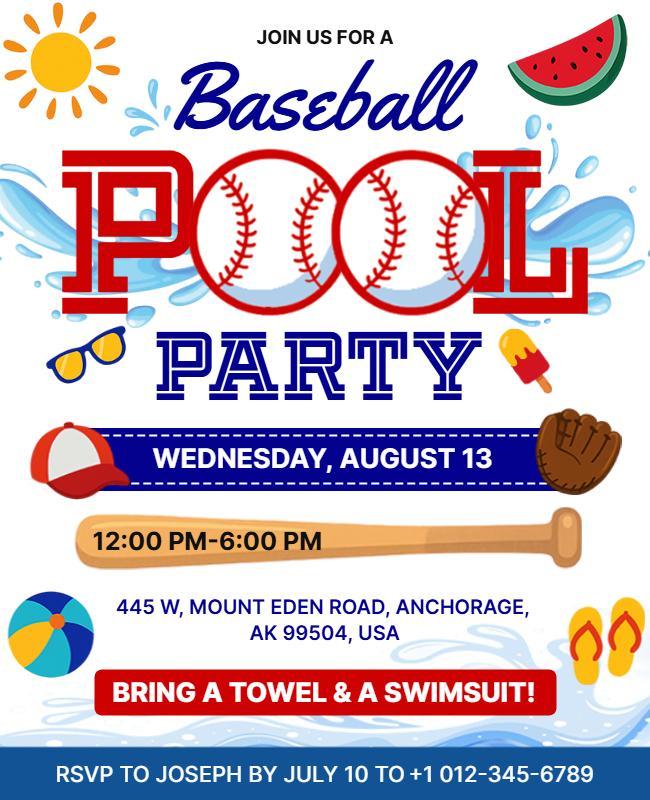 Baseball Pool Party Invitation Flyer Template
