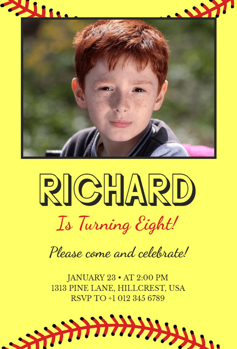 Baseball Theme Photo Kid's Eighth Birthday Celebration Invitation Template