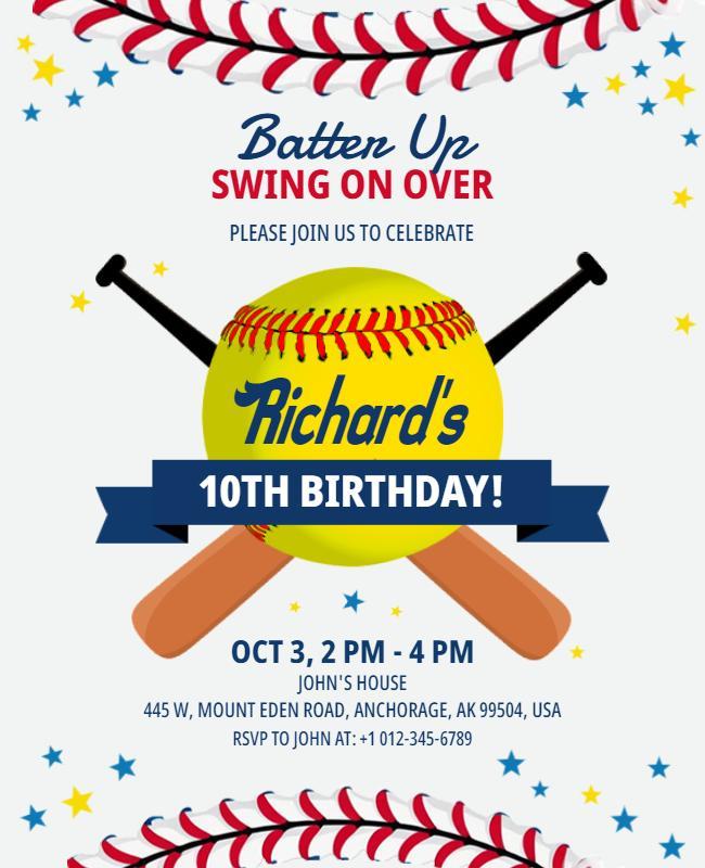 Baseball Themed 10th Birthday Party Flyer Template