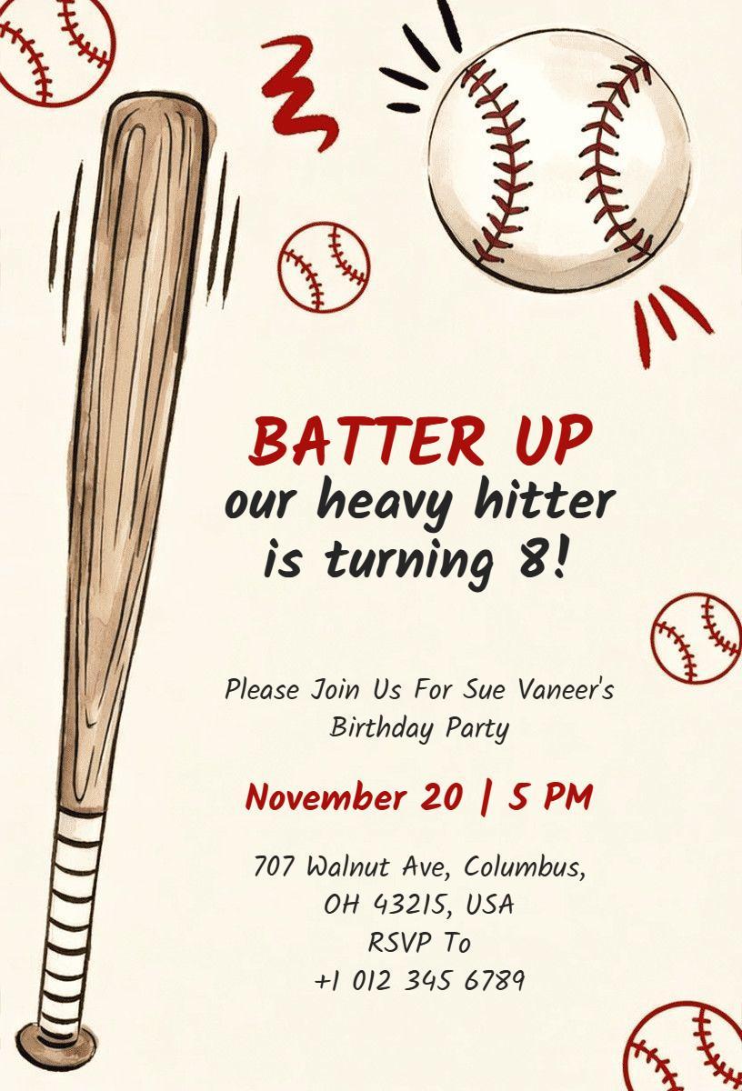 Baseball Themed Fun Kids Birthday Celebration Invitation Template