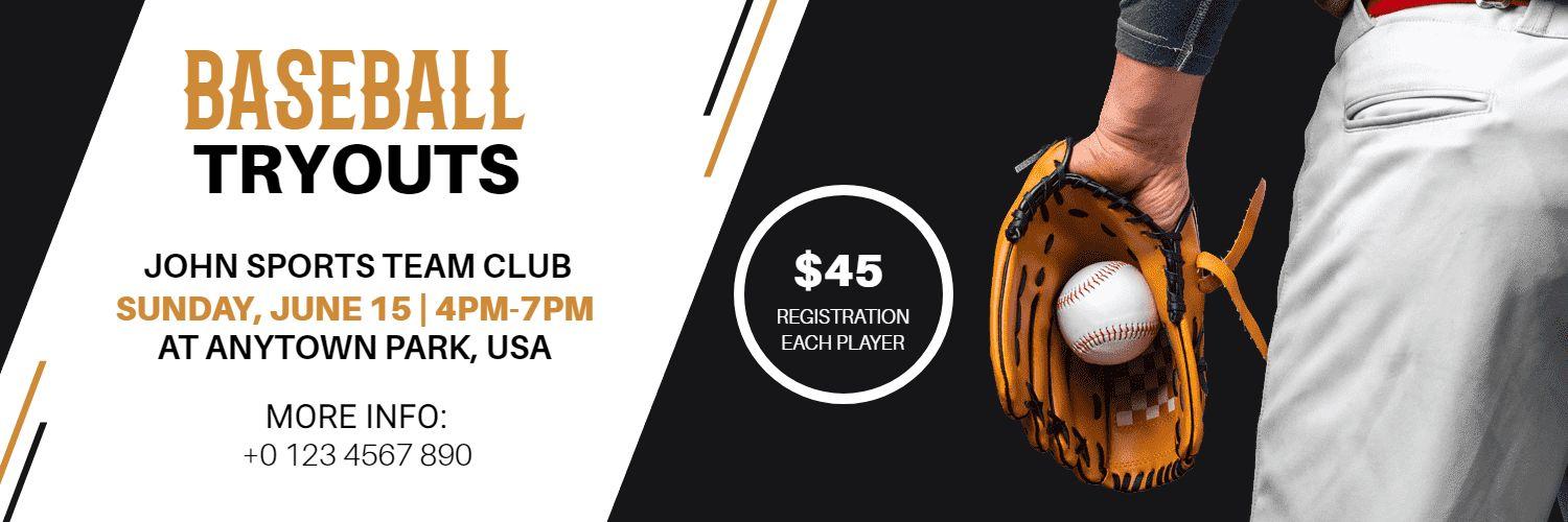 Baseball Tryouts Event with Player and Gloves Sports Banner Template