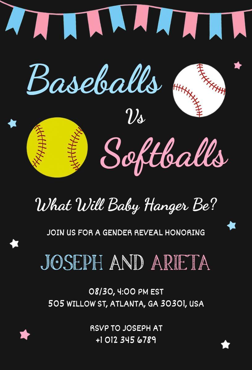 Baseballs Vs Softballs Fun Gender Reveal Invitation Template