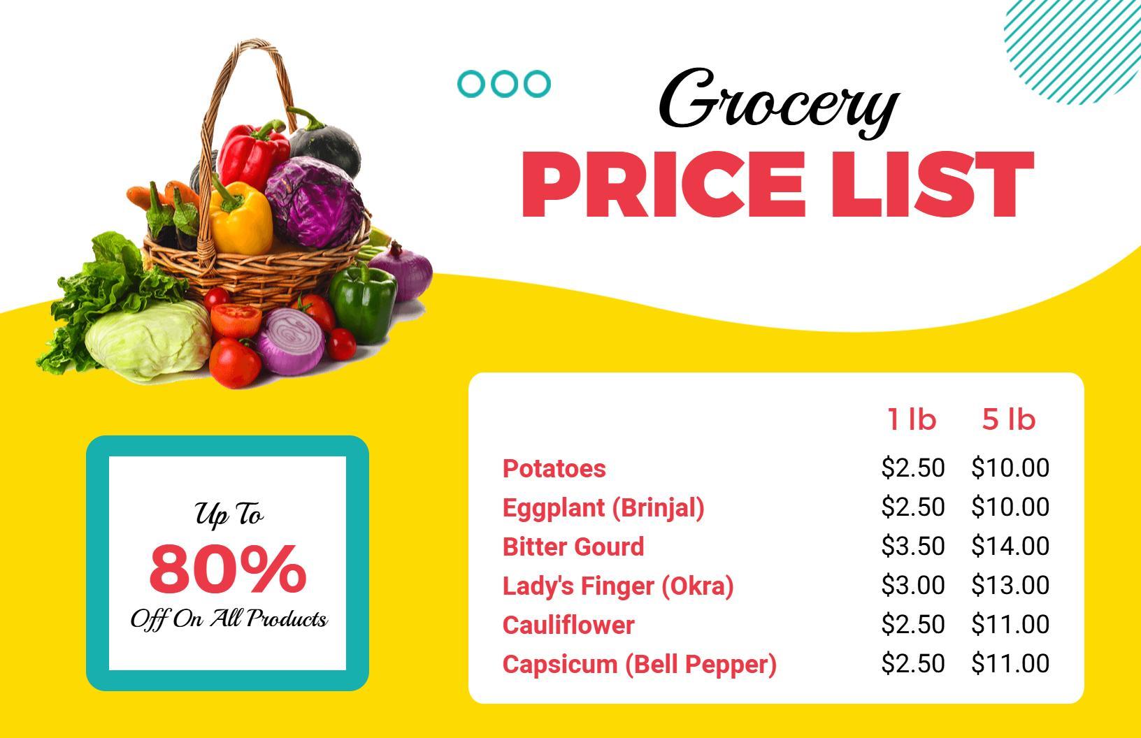 Basket of Vegetables Feature Grocery Price List Template