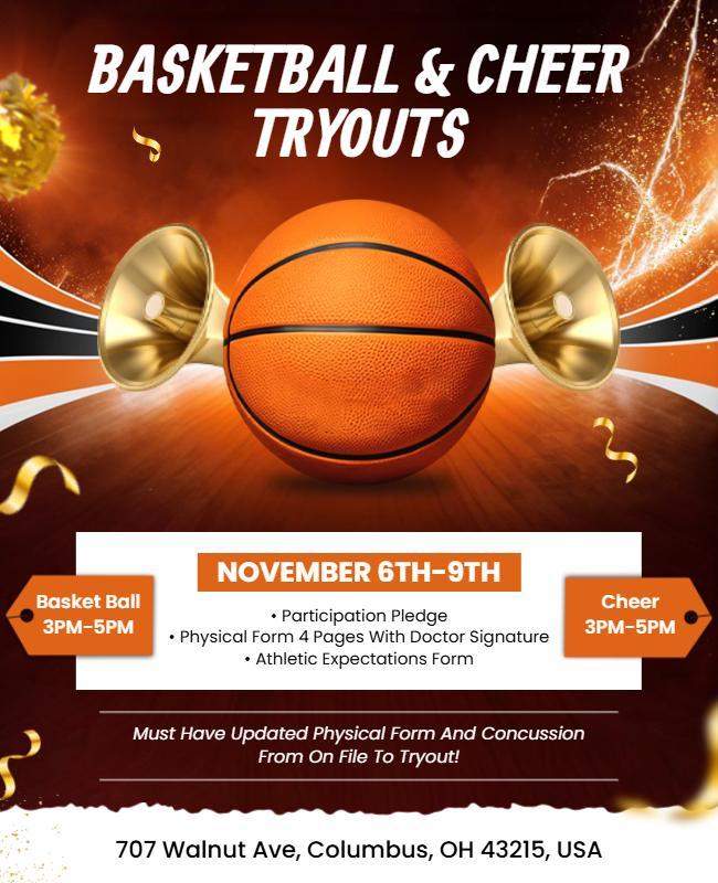 Basketball and Cheer Tryouts Announcement Flyer Template