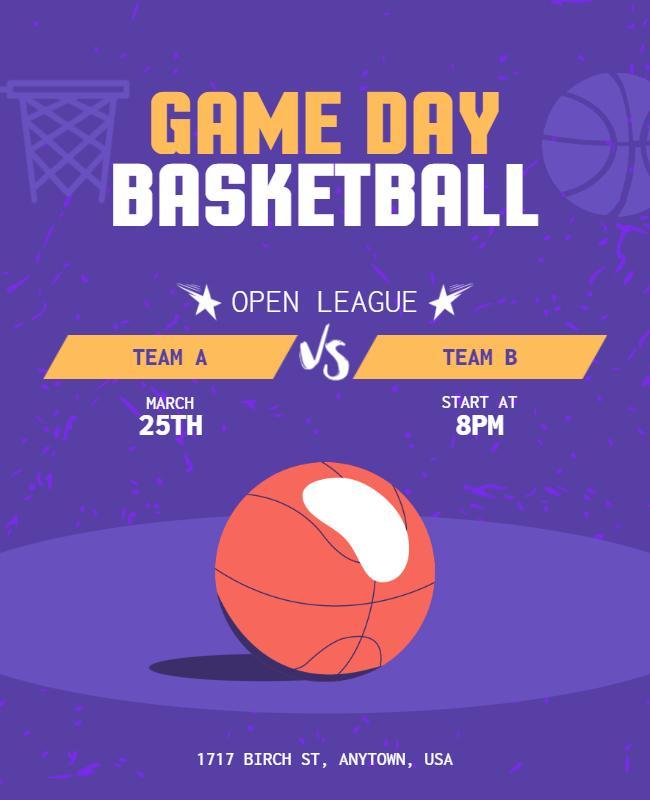 Vibrant Purple Game Day Basketball Open League Flyer Template