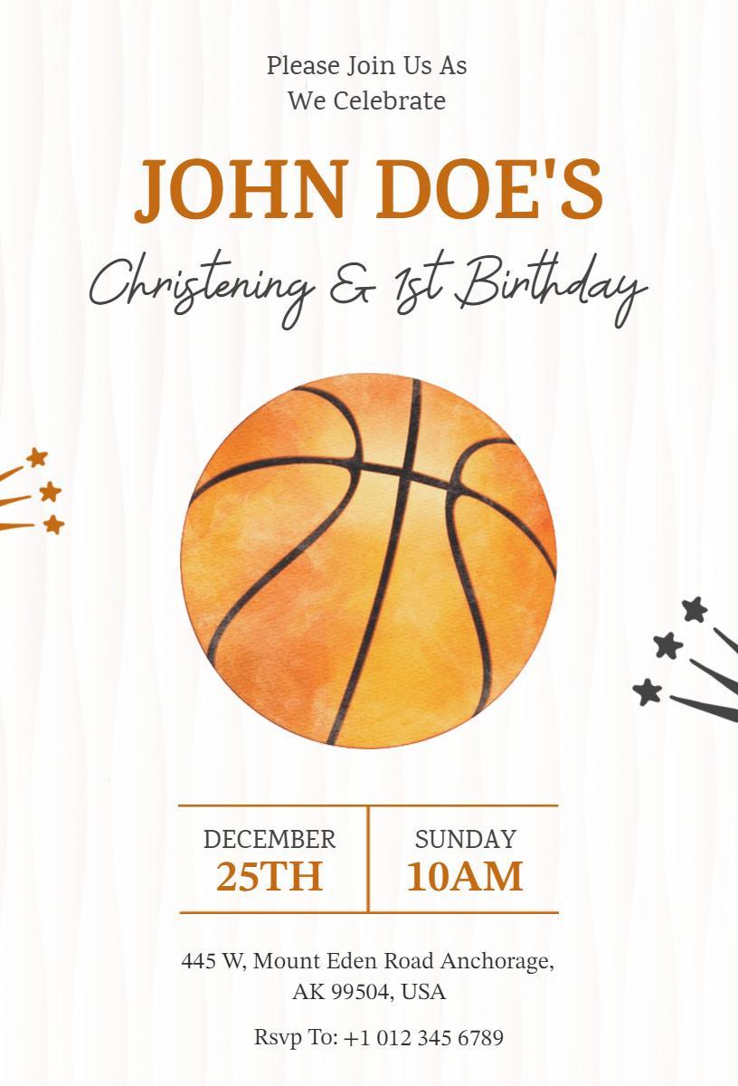 Basketball Themed Christening First Birthday Invitation Template
