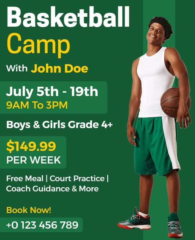 Youth Sports Green Basketball Camp Registration Flyer Template