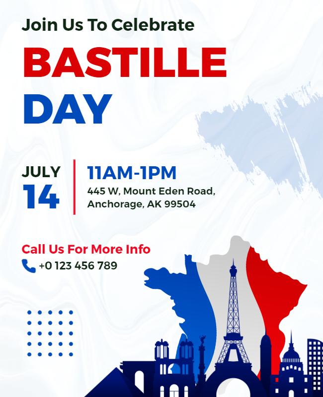 Patriotic Red White and Blue Bastille Day Celebration Flyer Template