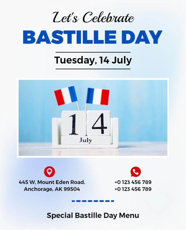 Patriotic Blue Bastille Day Celebration Invitation Flyer Template