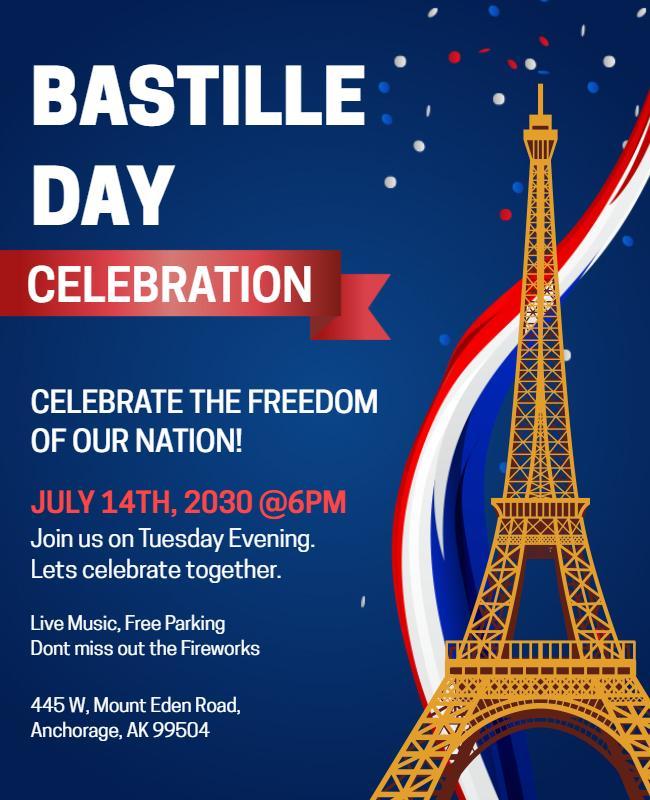 Vibrant Blue Bastille Day Celebration Flyer Template