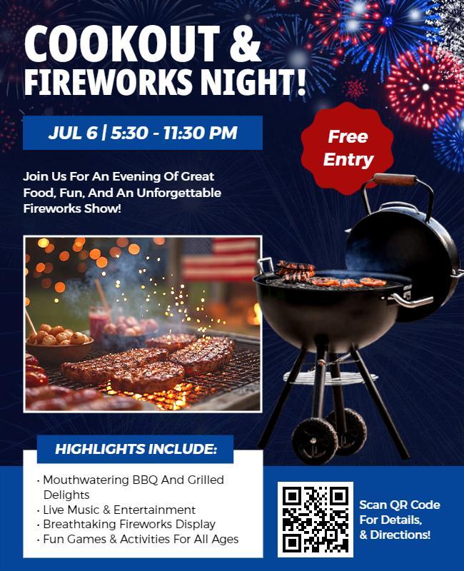 BBQ Cookout and Fireworks Night Flyer Template